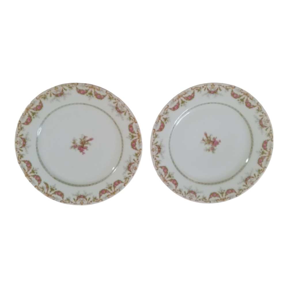 Limoges France Floral Swag Pink Green Plates Pair 8.5" Salad Snack Dessert